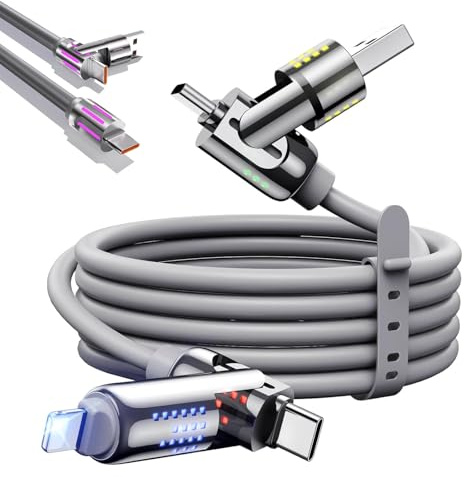 4 en 1 Charging Cable, 240 W 1.2M Câble Multi Chargeur USB C vers USB C avec Lumière LED RGB Cable USB A/C vers Lighting/USB C pour iPhone 16, 15, 14 Pro Max/MacBook/iPad Pro/SamSungS24 (Gris)