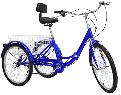 Jerool 24 Zoll Lastenrad Mit Großem Korb, Dreirad Für Erwachsene, Belastbarkeit 120kg, 7-Gang-Getriebe, Die Sitzhöhe ist verstellbar, Für Obstgärten, Camping Und Einkäufe, Blau