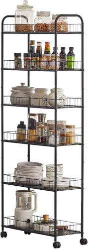 Salutmeuble Carro de almacenamiento rodante, carro de utilidad de 6 pisos con ruedas y cestas, estante móvil para cocina, baño y espacios estrechos – negro 56 x 25 x 155 cm