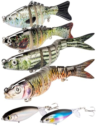 pullther 6PCS Fishing Lure Set,4 Segmented & 2 Lifelike 3D Baits with Hooks