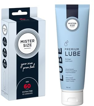 MISTER SIZE Pure Pleasure Set: 10 Kondome (extra dünn, gefühlsecht, extra feucht) + Premium Lube 100ml – Wasserbasiert, parfümfrei, medizinisch, für Kondome & Toys