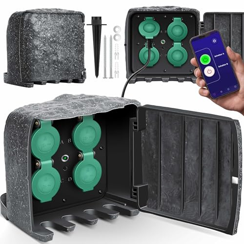 KESSER Presa da giardino effetto pietra con 4 slot – con funzione WiFi controllo tramite app – Kit di montaggio, prese multiple esterne con cavo di prolunga da 3 m, presa esterna, sensore crepuscolare