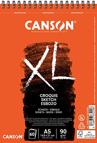 CANSON XL Croquis Spiralblock C200787220: DIN A5-60 Blatt - 90 g/m² - Skizzenblock in cremeweiß - spiralgebunden - für Trockentechniken geeignet
