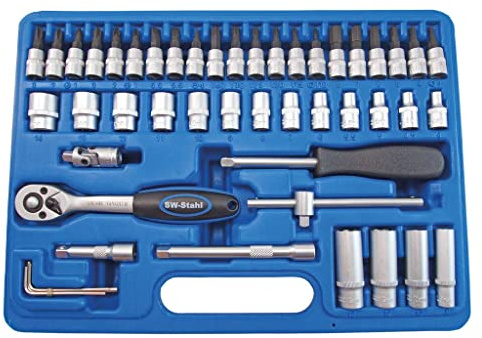SW-Stahl 06455L Steckschlüsselsatz - 47-teilig - 1/4 Zoll Knarrenkasten | Nusskasten mit 72-Zahn Ratsche aus Chrom-Vanadium, inkl. Wellenprofil-Einsätze, Kardangelenk und Werkzeugkoffer-Box