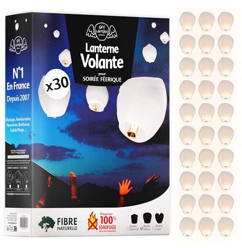 SKYLANTERN® - Farolillos voladores chinos, 100% biodegradables, color blanco, 30 lámparas de papel ecológicas, 100 x 60 cm, ideal para bodas, fiestas, año nuevo chino 2025, Navidad, cumpleaños