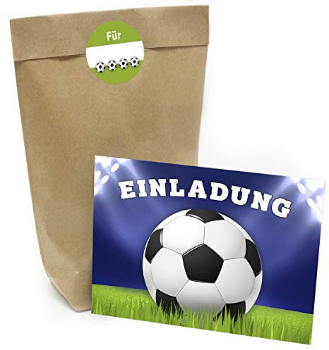 Praktisches Kindergeburtstag Set mit 16 Geschenktüten (Party-Tüten), Einladungskarten und Aufklebern Motiv: Großer Fussball