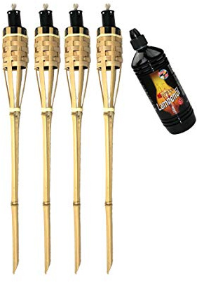 Moritz 4 Bambusfackeln 90 cm Natur Deluxe Gartendeko Set + 1x 1 l Lampenöl