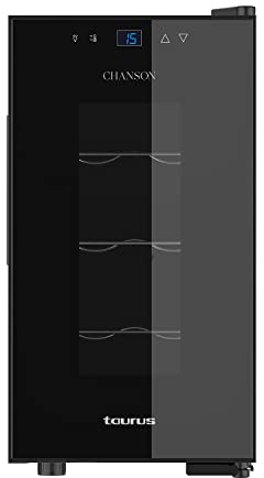 Taurus WC8T - Cave à vin thermoélectrique pour 8 bouteilles, 11-8ºC, silencieuse, ne vibre pas, isolation intérieure spéciale, porte vitrée, température réglable, lumière intérieure douce, noir