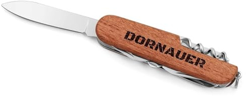 Maverton Taschenmesser mit Gravur - kompaktes Outdoormesser - personalisiert - 12 in 1 - aus Edelstahl + Holz - Länge: 9 cm - Geschenk zum Geburtstag für Männer - Braun - Nachname