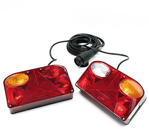 Wiltec 2x Anhänger Rückleuchten 12V 13-poliger Stecker mit 5 Funktionen inkl. Kabel (5 m), Adapter für PKW Anhänger mit 5 Funktionen