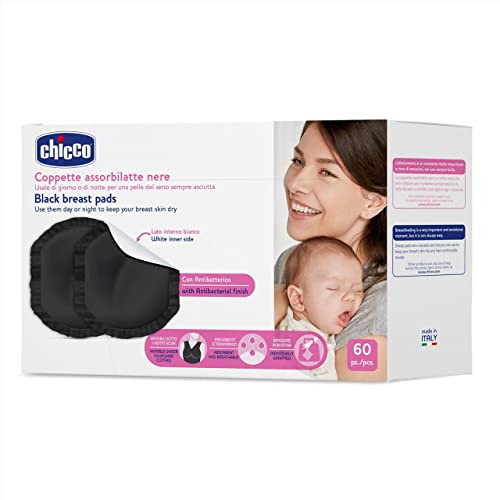 Chicco Absorbierende Cups mit antibakteriell, hygienisch und super saugfähig, Einsatz- und Stillscheiben, unsichtbar unter der Kleidung mit Klebestreifen, 60 Tassen, außen schwarz