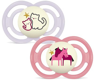 MAM Perfect Schnuller für Babys ab 16 Monaten, Hellrosa, 2 Stück | Leuchtet im Dunkeln, extra dünner, flexibler, flacher und symmetrischer Sauger aus Skin Soft Silicone, leicht anzunehmen