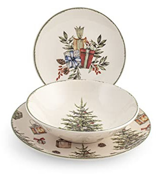 H&H Servizio Tavola 18 Pezzi Christmas Carol – Piatti in Stoneware Natalizi, Forma Coupe Elegante, Include Piatti Piani, Fondi e da Frutta – Stoviglie Natalizie per Casa, Feste, Regalo