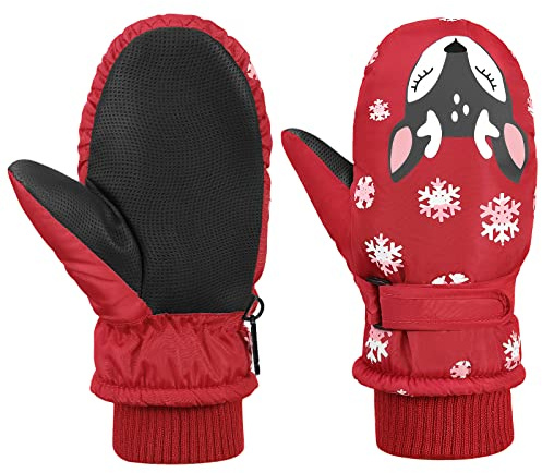 MoKo Skidhandskar för barn, Vattentät Snöhandskar Vinter för 2-4 år Flickor Vindbeständig, Termiska vantar för kallt väder Cykling Outdoor Sport, Röd