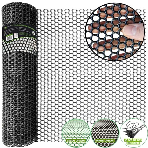 QueenBird Upgraded Plastic Chicken Wire Fence Mesh - 15.7IN x 10FT - Black / Green / White Colors - Hexagonal Fencing for Gardening - Poultry Netting, Floral Wire Netting, Garden Fencing (Black)…