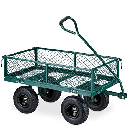 Relaxdays Handwagen, praktischer Bollerwagen für den Garten, mit Luftbereifung, klappbare Seitenteile, bis 200 kg, grün