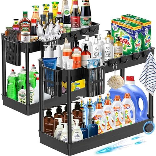 McNory Rangement sous Evier Cuisine 2 Niveaux, Lot de 2, tagre avec 8 Patres et 4 Pots Suspendus, Organiseur de Meuble de Cuisine, Organisateur Tiroir, Noir, 39x31x18 cm