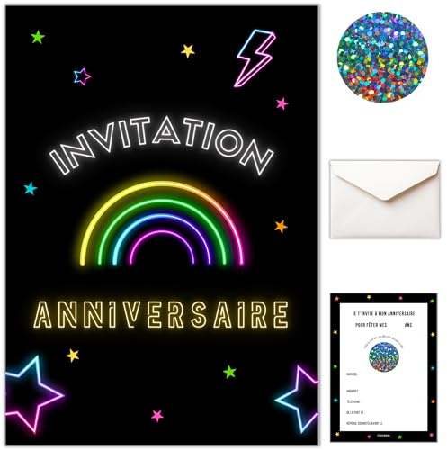 STUDIO MANALI Carte invitation anniversaire fille à gratter – lot de 12 cartes - 12 stickers holographiques - 12 enveloppes – design boum arc-en-ciel fluo néon et étoiles – cartes A6 prêtes à remplir