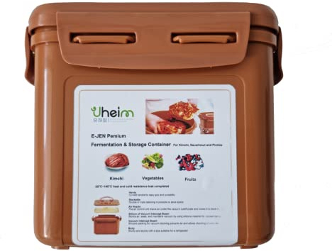 UHEIM E-Jen Premium Kimchi, Sauerkraut Container Probiotic Fermentation with Inner Vacuum Lid (3.4, Rectangular, 1, Brown)
