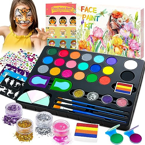 Lubibi Face Paint Set for Kids,20 Color Non-Toxic Water Based Makeup Kit | Face Painting Palette with 4 Metallic Colors,Hair Chalks,Gems, Stencils,Easy Wash,Gift for Halloween,Carnival,birthday party