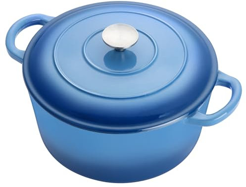 E-far 6 Quart Enameled Cast Iron Dutch Oven with Lid, Round Dutch Oven Pot Nonstick Cookware for Braising, Stews, Roasting, Bread Baking, Cooking, Heavy Duty, Induction & Oven Safe - Blue