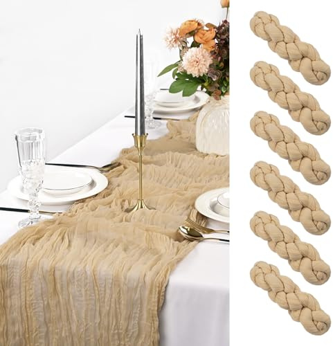Pesonlook 6 Stück Hellbraun Käsetuch Tischläufer Lang, 90 x 300 cm | 3 m lang, Rustikaler Gaze Stoff Boho halbtransparent Hochzeits Seihtuch Tischläufer für Hochzeit, Party, Brautparty，Bankett