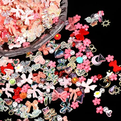 Bewudy Lot de 500 breloques pour ongles en résine 3D - Accessoires de manucure mignons - Fleurs - Nœuds et cœurs pour nail art - Rose