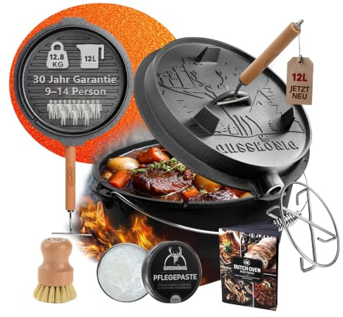 GUSSKÖNIG Dutch Oven 12 Liter Set-Gusstopf, Feuertopf Gusseisen ohne Füßen | Thermometeröffnung, für 9-14 Personen, inkl. Deckelheber, Pflegepaste, Bürste, Untersetzer, Rezeptbuch, 30J Garantie