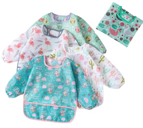 HaimoBurg 5 Pcs Long Sleeved Baby Toddler Bibs Waterproof Sleeved Bib 3-24 Months