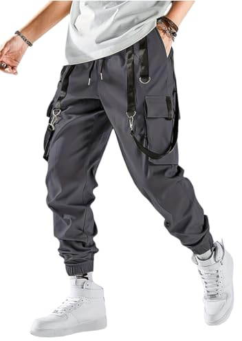 ORANDESIGNE Pantalon Cargo Homme Pantalon de Travail Classique Pantalons Techwear Hip Hop Streetwear Punk Pants Harem Pantalon Décontracté Activewear Long Sweatpants Multi-Poches A Gris Foncé XS