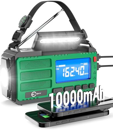 Esky 10000 mAh Radio Manovella, AM/FM/NOAA Radio Portatile ad Energia Solare Può Ricaricare i Cellulari con Torcia, Lampada da Lettura, Bussola, Allarme SOS per Campeggio/Ourdoor/Emergenza