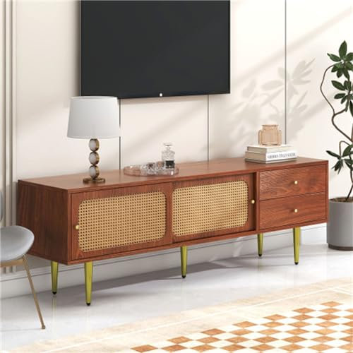 Meuble TV élégant avec Portes Coulissantes en Rotin Et Tiroirs Pratiques, Finition Noyer avec Rotin en Plastique Foncé, 2 Tiroirs, 2 Portes en Rotin, 4 Compartiments De Rangement.