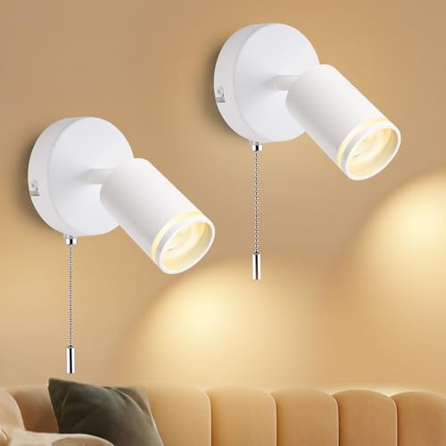 GeyouLux 2 Stücke Wandleuchte mit Schalter - GU10 Wandlampe mit Seilzugschalter Innen Weiß Led Wandstrahler - Vintage Wandspot Drehbare 350°für Wohnzimmer Schlafzimmer Büro Ohne Glühbirne