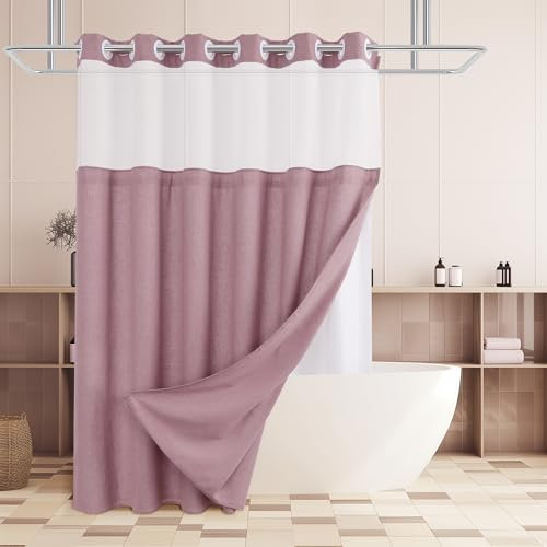 Jowels No Hooks Needed Linen Shower Curtain and Liner Set,Blush Pink Hotel Luxury Decor Shower Curtains for Bathroom with See Through Top Window,Water Resistant Fabric,72Wx84L,Blush Pink