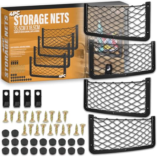 Xtremeauto Storage Nets 4pcs - Elastic Storage Bag Net Set With Plastic Frame, 35.5cm x 18.5cm Van Cargo Net Organiser, Storage Solution For Campervan, Car, Boat, Vans, With Screws Caps & Hooks