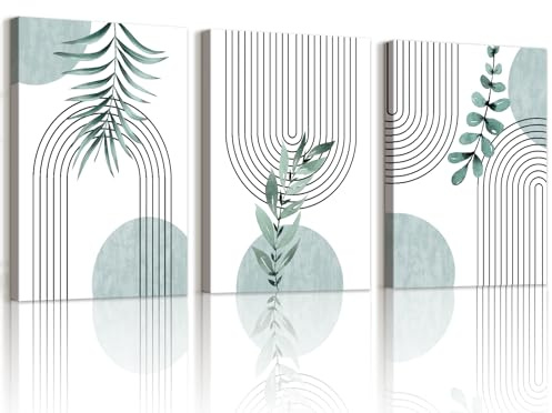 WENGTIAO 3 stycken Boho gröna abstrakta tavlor på duk Konsttryck med ram Salviagrön Botaniska växter Geometriska linjer Väggdekorationer på duk Vardagsrum Sovrum Väggdekoration 40x60cmx3