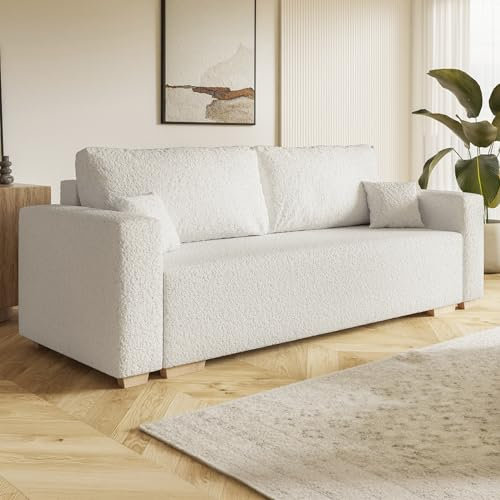 MOTIVENA Viego Sofagarnituren, 3 Sitzer Sofa mit Bettfunktion, Schlafsofa 215 cm Breit, Klappsofa mit Schlaffunktion, Bettsofa mit Schlaffunktion, Bonellfederkern (H4), Boucle Sofa Milch (Weiß)
