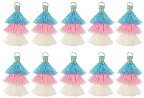 QUARKZMAN 10 Stück Winzige Dreischichtige Quasten 1,6 Mini Quaste Taschenanhänger Böhmische Handgefertigte Quasten Schlüsselanhänger für DIY Projekte Schmuckherstellung (Hellblau/Rosa/Weiß)