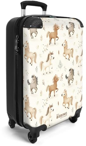 NoBoringSuitcases© Handgepäckskoffer Kinder Reisekoffer Kinderkoffer 4 | 55x35x20 cm - Rollen Leicht Koffer Cabin Trolley Hartschalenkoffer Kind Muster - Fohlen - Pferd - Beige