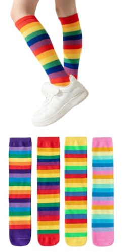 ANNIUP 4 Paar Regenbogen kniestrümpfe mädchen,gestreifte kindersocken,Bunte Oberschenkel Hohe Socken Bein Strumpf,coole kindersocken,pride socken