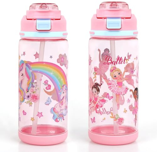 2 Stück Trinkflasche Kinder ab 4 Jahren, Auslaufsicher Wasserflasche Rosa | Trinkflasche Kindergarten Mit Trinkhalm,Schule Flasche Kinder,Sporttrinkflasche, Schule Kindertrinkflasche mit Tragegriff