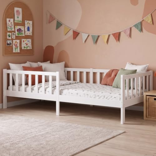 Bellabino Vere Kinderbett 90x200 cm, Massivholz Kiefer, Kleinkindbett, Weiß | Montessori Kinderbett mit Rausfallschutz & Lattenrost, Massivholzbett für Jungen & Mädchen aus Holz Kiefer, Kleinkindbett