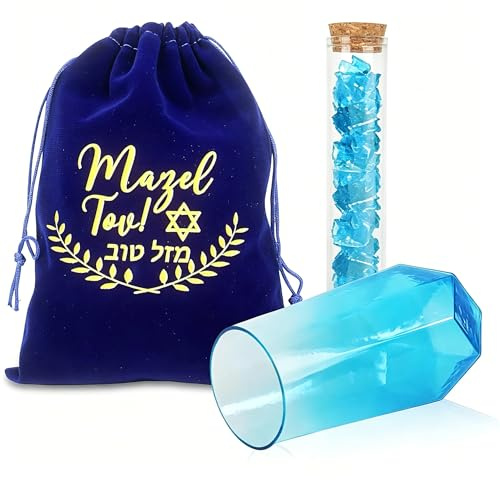 Klmnop Jewish Wedding Chuppah Breaking Glass Set - 1 Cup, 1 Tube & Drawstring Bag - Jewish Gift for Couples Engagement Marriage Anniversary, Ceremony Blue Vessel for Groom(Blue)
