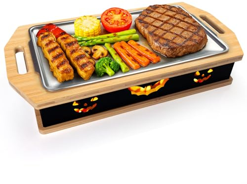 BBQ Board zum Warmhalten, Fleischwarmhalter mit Edelstahl Grill Plate, Speisenwärmer für Grillen, Grillgut Stövchen, Warmhaltebehälter Grillgut mit Kerzen, Warmhaltebox Grillparty (45CM 25CM 7.5CM)