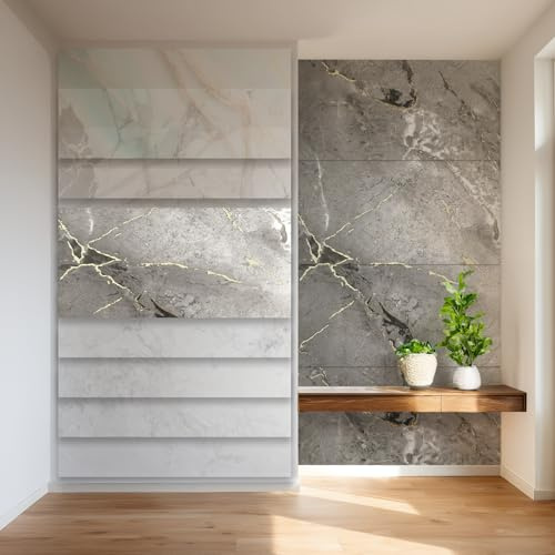 HEXIM Marmorplatten Optik 4er-Set 122×70cm SPC Kunststoff Innen & Außenbereich Granit Steinoptik - Duschrückwand Küchenrückwand Badezimmer Feuchtraum gold (3,42 m² 8090B) A-Serie