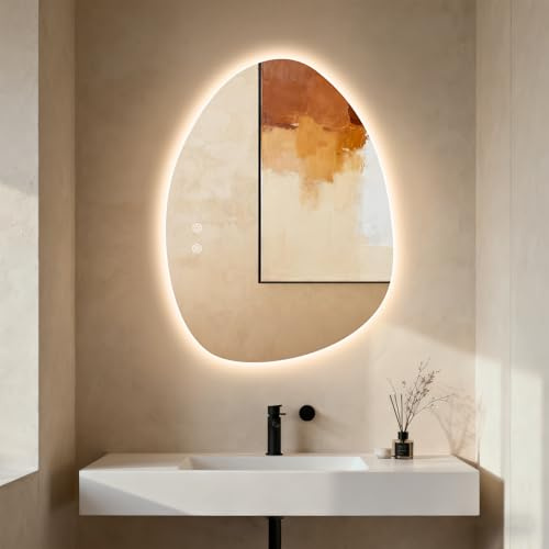 Clevich Badrumsspegel med belysning asymmetrisk 80 × 60 cm, LED-spegel med 3 ljusfärger dimbar, härdat glas, pekbrytare, minnesfunktion, dimfri, modern badrumsspegel med ljus