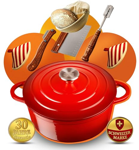 GUSSKÖNIGIN Brottopf 28 cm – Gusseisen Topf Brot Backen als Dutch Oven – Emaille Brotbacktopf & Brotbackform – Bratentopf/Schmortopf mit Deckel für Induktion – Gadgets für Bäcker - 30 Jahre Garantie