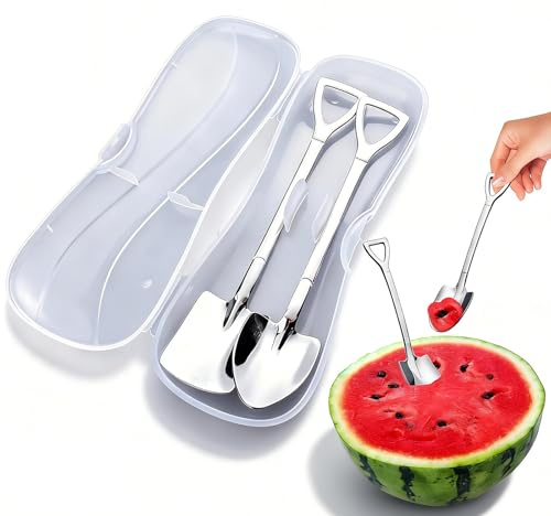 Stainless Steel Spade Spoons,2 Pcs Shovel Spoons Set with Clear Box,Creative Spade Spoon for Coffee Latte Ice Cream Tea Dessert Mixing Spoons,Dining Table Restaurant Reunion Outdoor (Silver, 1 Set)
