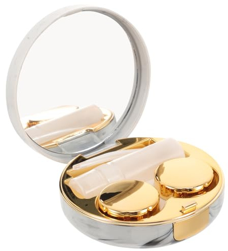 ADOCARN Étui à Lentilles de Contact Portable Mini Rond Doré avec Miroir Intégré et Pince à Épiler, Kit de Rangement Compact pour Lentilles, pour Voyage et Utilisation Quotidienne