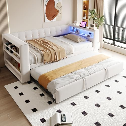 TOBIDOEN Schlafsofa 90/180x190 cm Polsterbett mit Ausziehbett, LE/D Armlehnen und Seitlichen Staufächern, Erweiterbar zum Doppelbett, Multifunktionales Tagesbett, Flanell, Beige